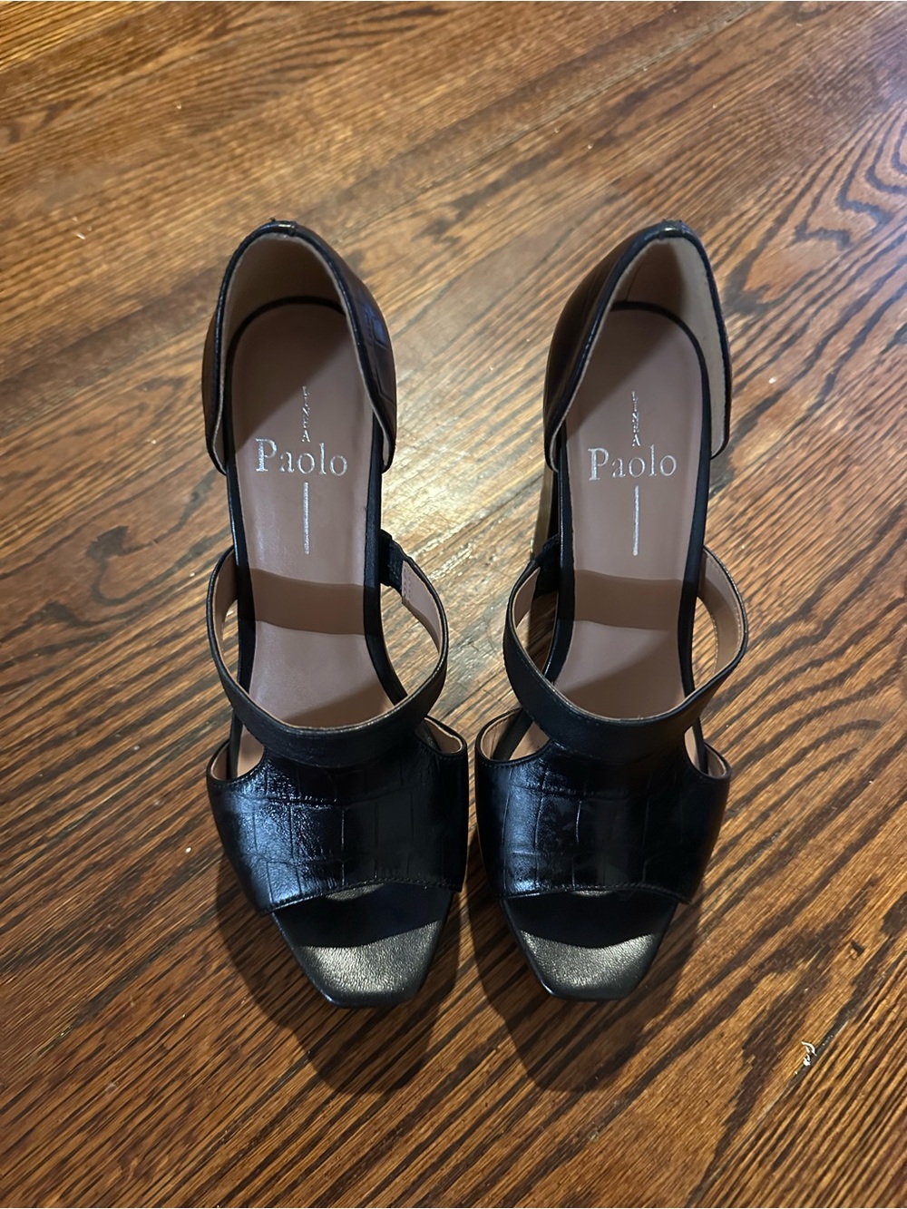 Paolo Black Croc-Embossed Leather Strappy Heels